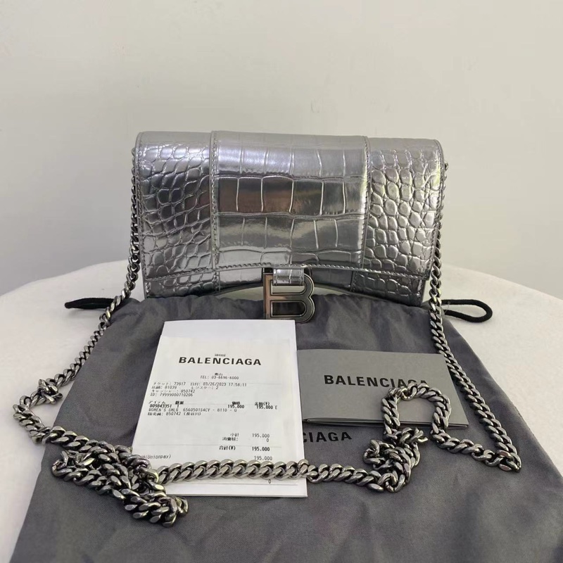 Balenciaga 巴黎世家銀色壓紋鏈條女士迷你沙漏斜挎包-0