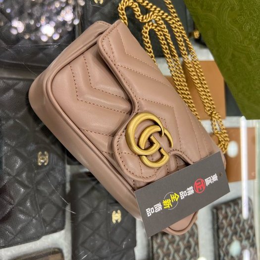 東區正精品㊣GUCCI Marmont Supermini 476433 全新迷你裸色V紋牛皮金鍊前釦式斜背包手拿包 RZ3697-7