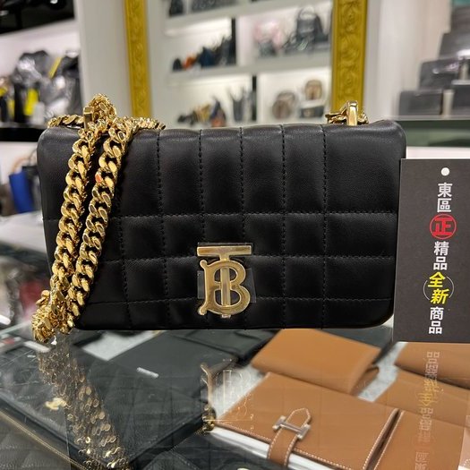 東區正精品㊣BURBERRY 80594921 LOLA 全新迷你黑色羊皮全皮車線TB金釦金鍊帶釦式翻蓋斜背包 RA1512-0