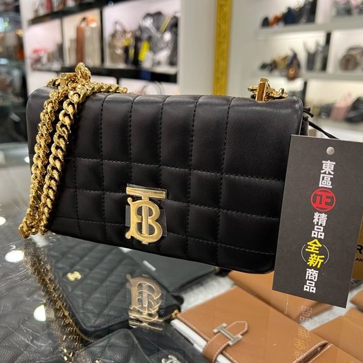 東區正精品㊣BURBERRY 80594921 LOLA 全新迷你黑色羊皮全皮車線TB金釦金鍊帶釦式翻蓋斜背包 RA1512-2