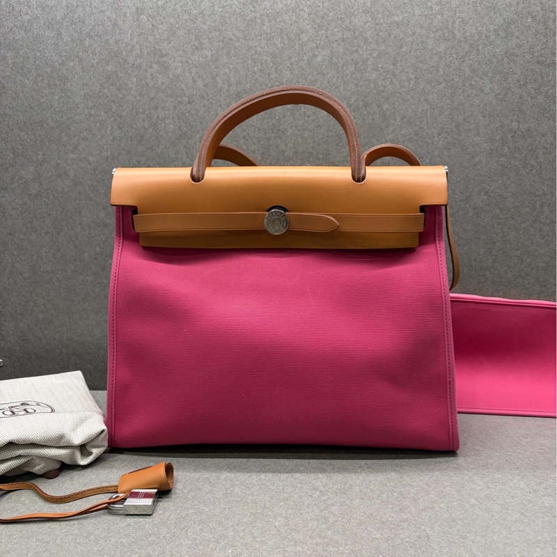 Hermes愛馬仕 herbag31 粉色帆布 手提單肩斜挎包 框Q刻-0