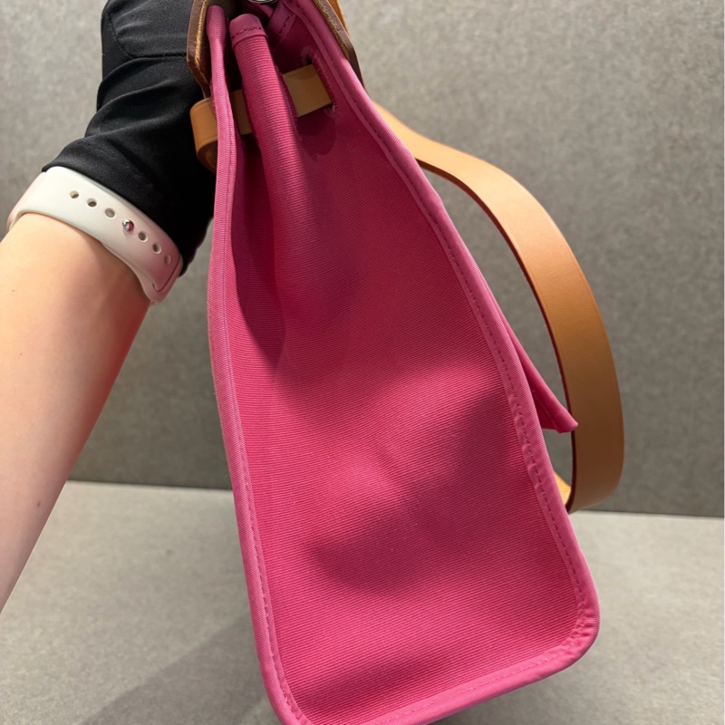 Hermes愛馬仕 herbag31 粉色帆布 手提單肩斜挎包 框Q刻-3