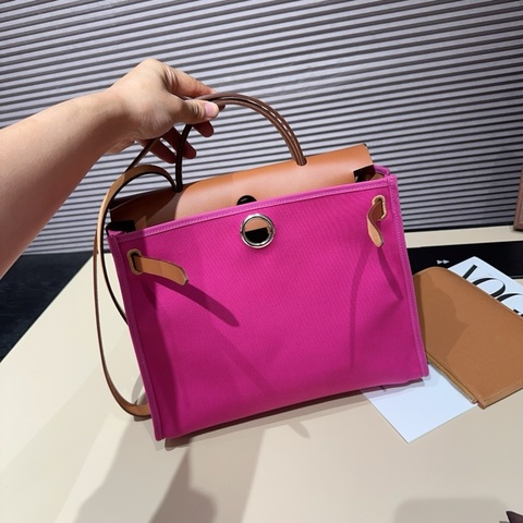 Hermes愛馬仕 herbag31 粉色帆布 手提單肩斜挎包