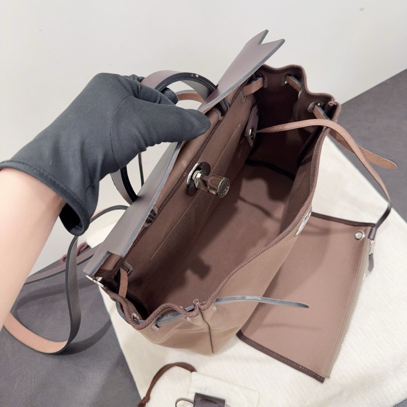 Hermes愛馬仕 Herbag31烏木色拼皮卡其色帆布銀扣-5