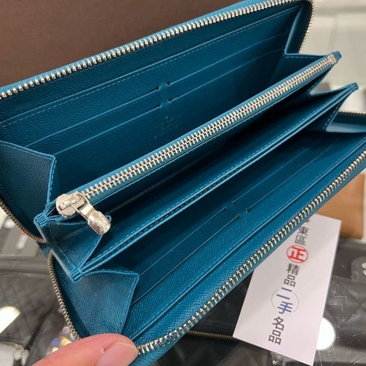 東區正精品㊣LOUIS VUITTON LV EPI M60311 藍綠色水波紋全皮銀釦ㄇ字拉鍊長夾 RZ3675-2