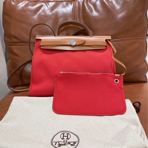 Hermes/愛馬仕 Herbag 31銀扣包蓋式 帆布拼牛皮 單肩手提包 附帶子袋