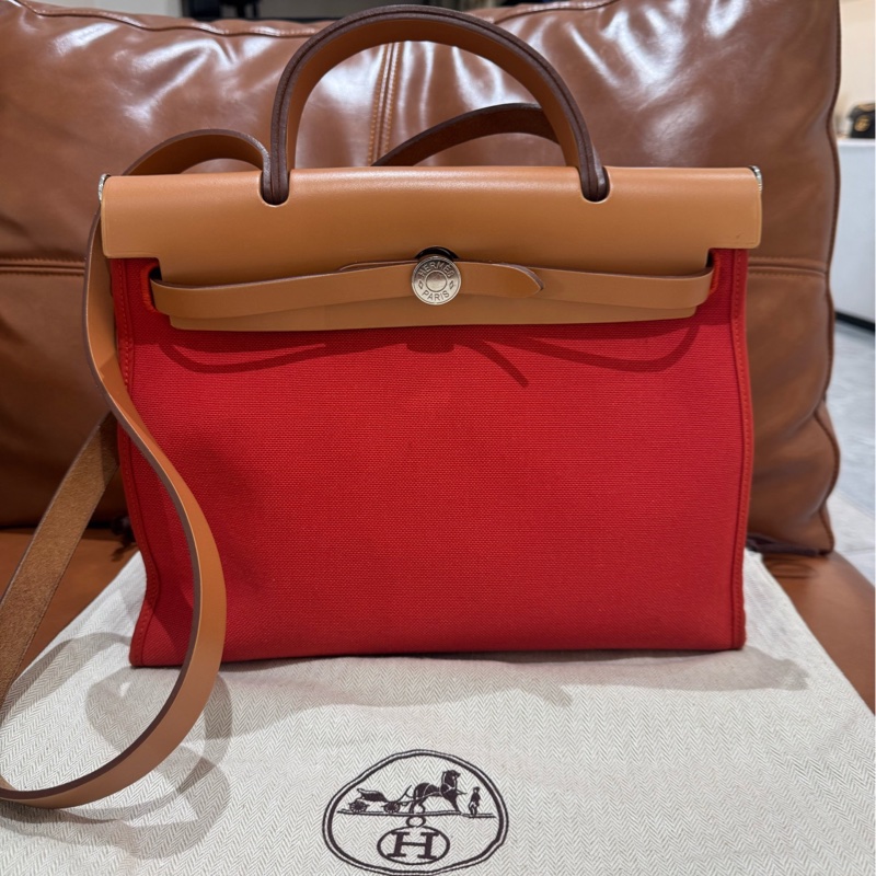 Hermes/愛馬仕 Herbag 31銀扣包蓋式 帆布拼牛皮 單肩手提包 附帶子袋-1
