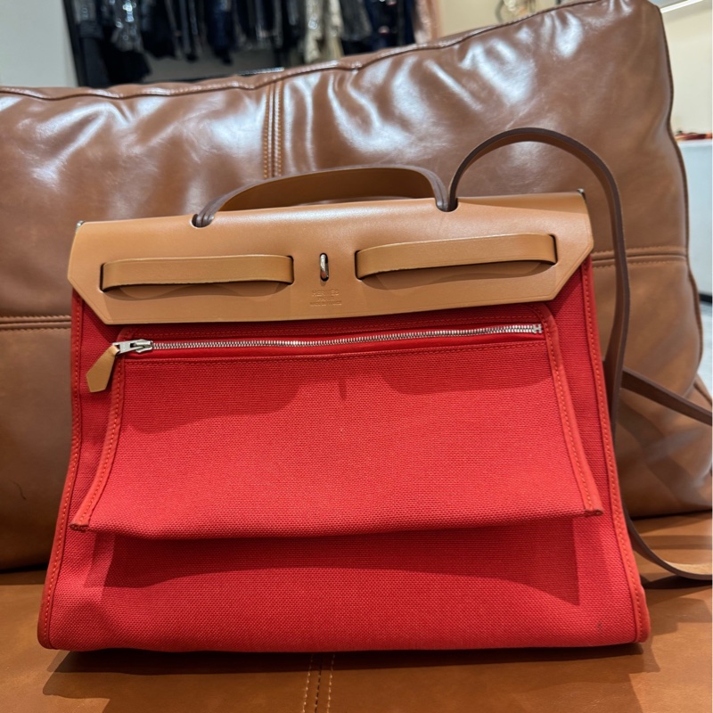 Hermes/愛馬仕 Herbag 31銀扣包蓋式 帆布拼牛皮 單肩手提包 附帶子袋-2