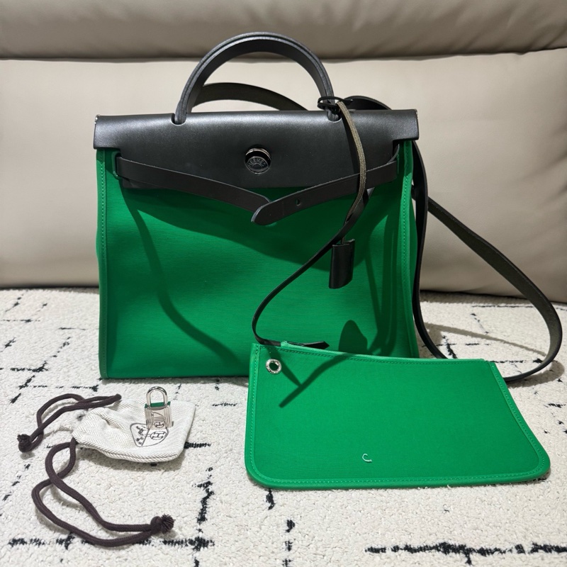 Hermes 愛馬仕herbag31 竹子綠拼黑 D刻-0