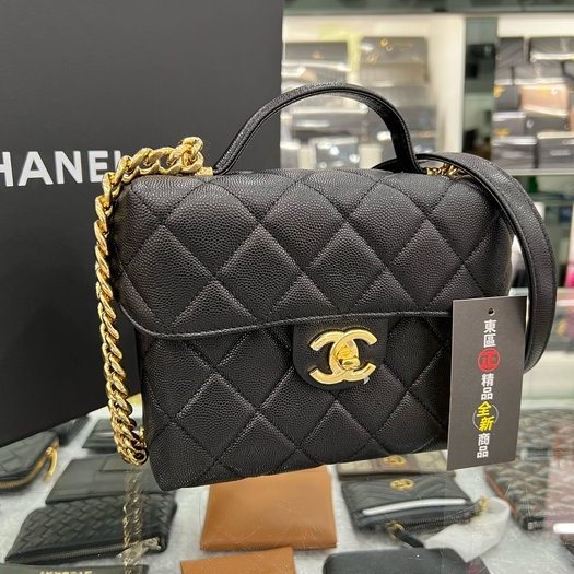 東區正精品㊣CHANEL AS3729 全新香奈兒黑色荔枝牛皮霧金鍊釦式翻蓋手提包化妝箱包斜背包 RZ3606-1