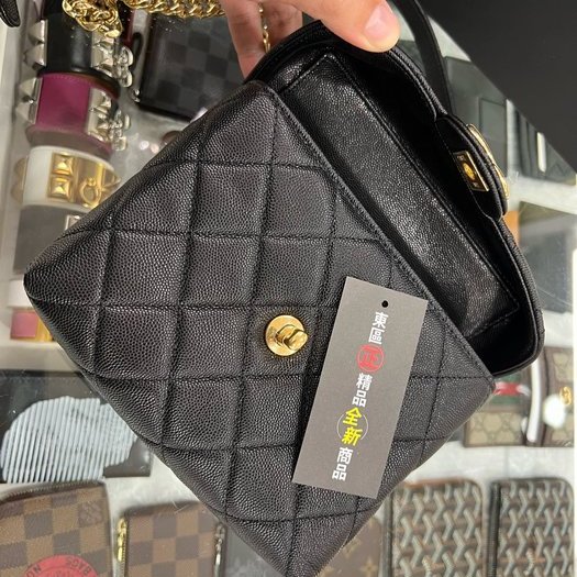 東區正精品㊣CHANEL AS3729 全新香奈兒黑色荔枝牛皮霧金鍊釦式翻蓋手提包化妝箱包斜背包 RZ3606-10