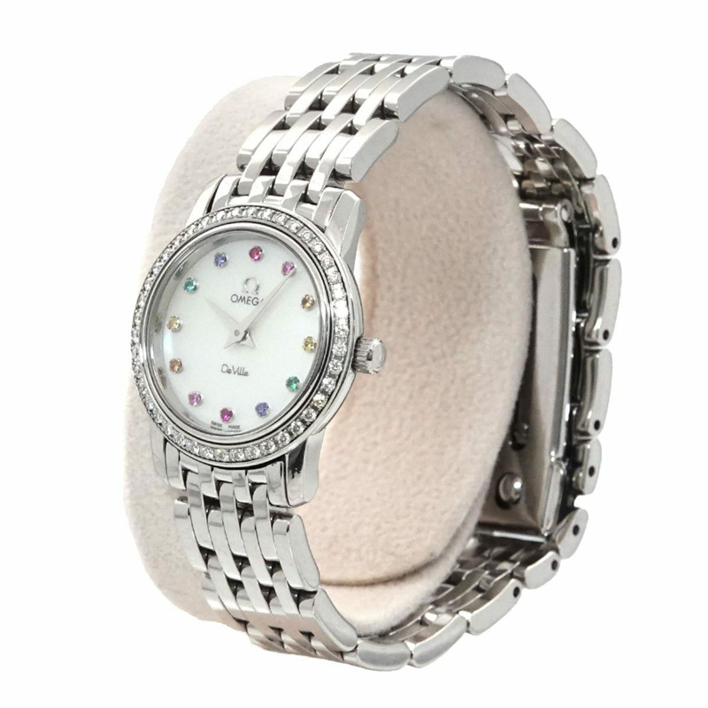 歐米茄碟飛系列4577 77女錶，鑲鑽錶圈，白色珍珠貝母錶殼，鑲嵌12顆鑽石，石英錶-1