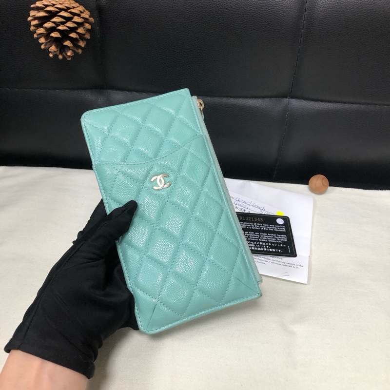 Chanel • 經典薄荷綠荔枝牛皮金釦拉鍊長款錢包 有購證✔️-0