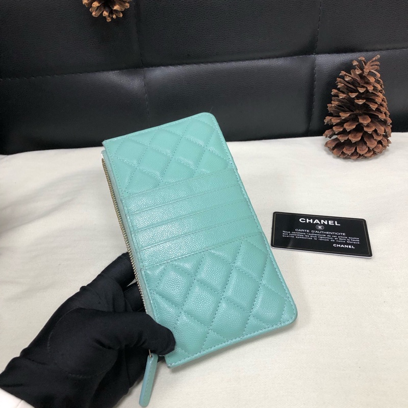 Chanel • 經典薄荷綠荔枝牛皮金釦拉鍊長款錢包 有購證✔️-1