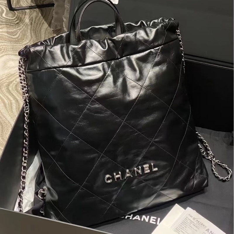 Chanel • 經典黑銀22 Bag 牛皮後背包 大號 全新全配有購證✔️-0