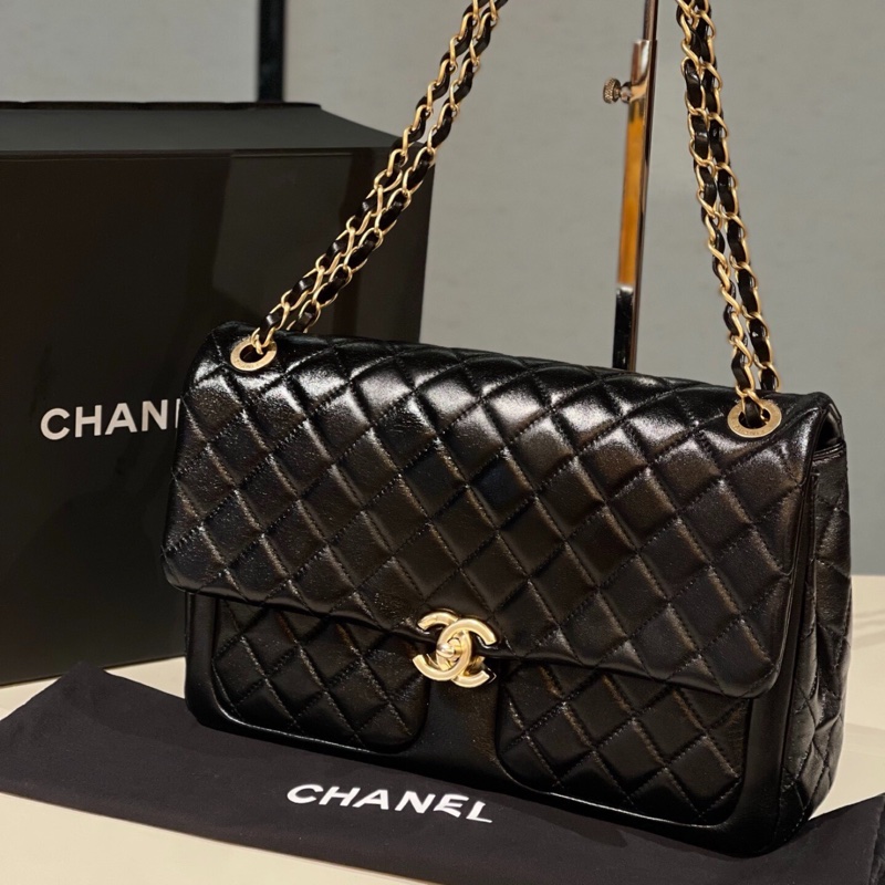 Chanel • 23k雙口袋黑金油臘羊皮機場包 大號 全新全配台灣購證✔️-2