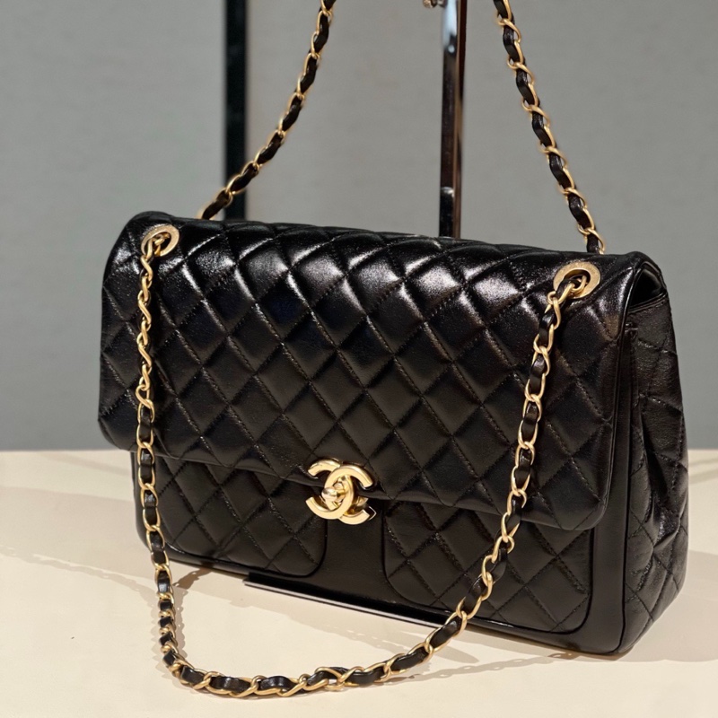 Chanel • 23k雙口袋黑金油臘羊皮機場包 大號 全新全配台灣購證✔️-3