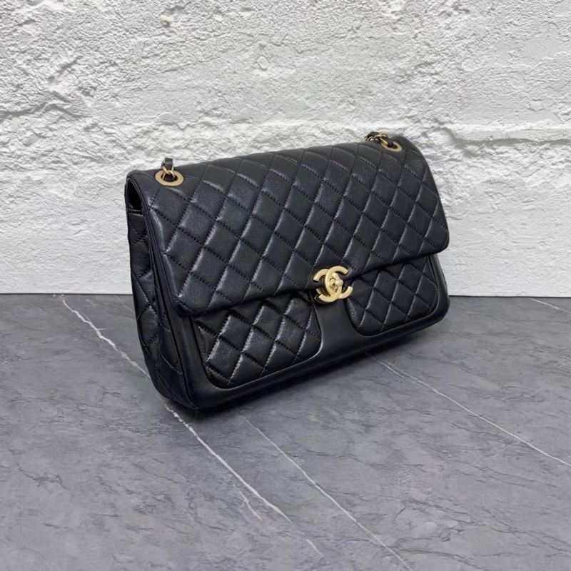 Chanel • 23k雙口袋黑金油臘羊皮機場包 大號 全新全配台灣購證✔️-5