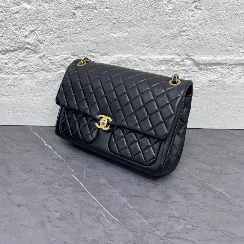 Chanel • 23k雙口袋黑金油臘羊皮機場包 大號 全新全配台灣購證✔️-7