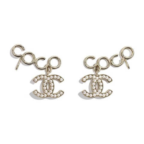 Chanel 金色 COCO 字母 垂吊 雙C 珍珠 夾式 耳環