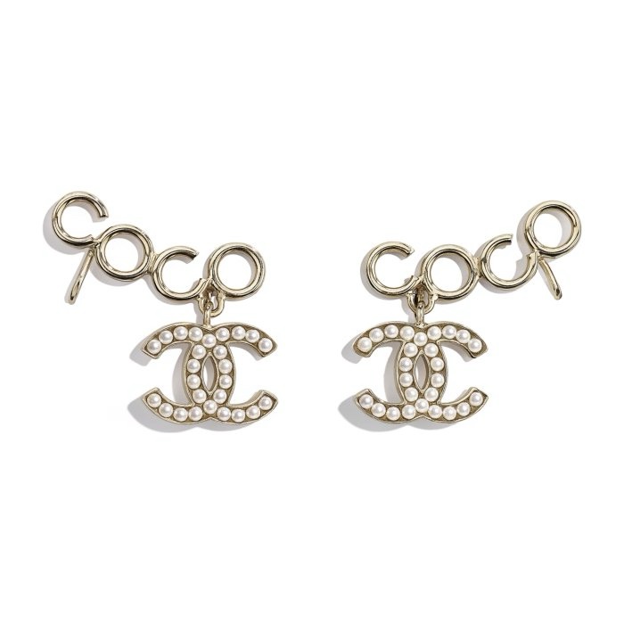 Chanel 金色 COCO 字母 垂吊 雙C 珍珠 夾式 耳環-0
