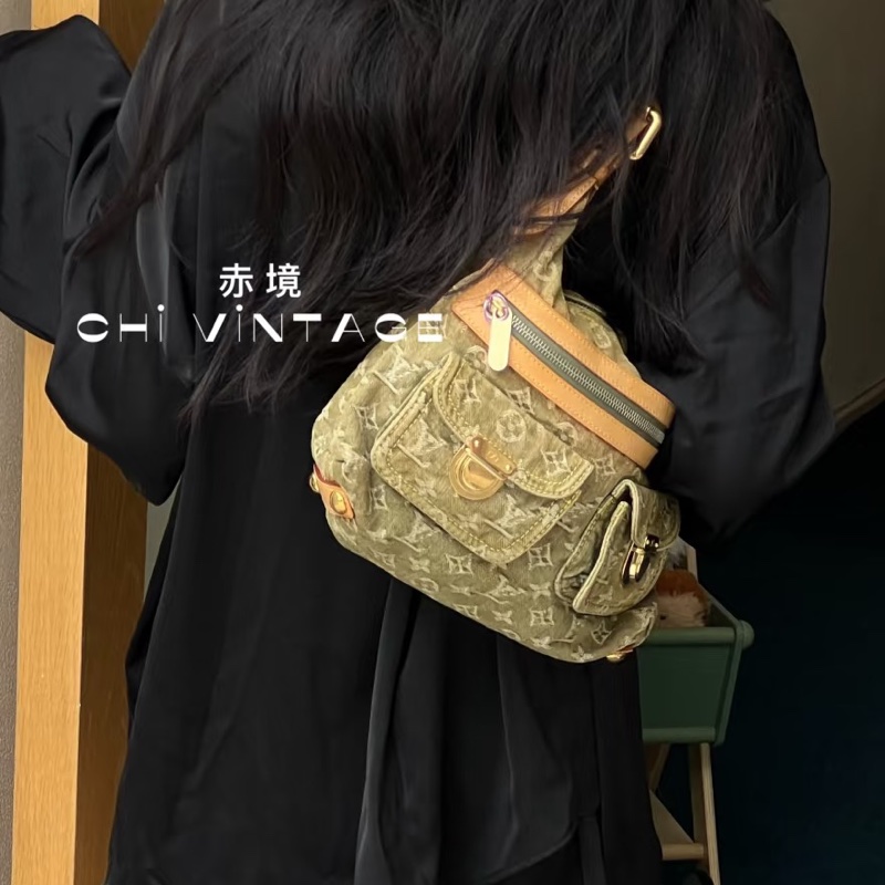 LV M95213 Baggy PM 稀有限量抹茶綠單寧牛仔曼哈頓釦肩背包-40