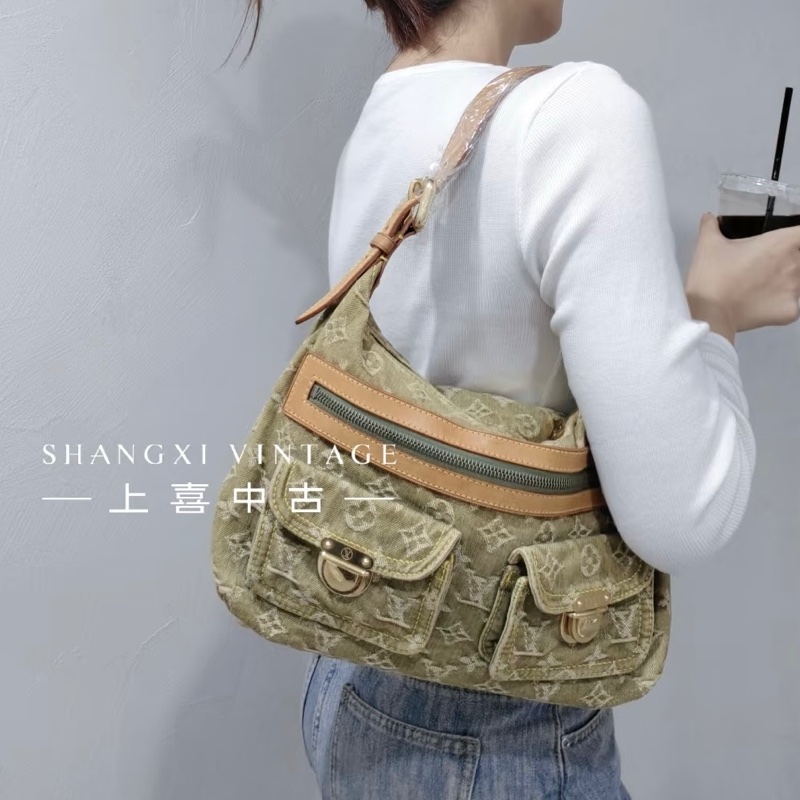 LV M95213 Baggy PM 稀有限量抹茶綠單寧牛仔曼哈頓釦肩背包-41