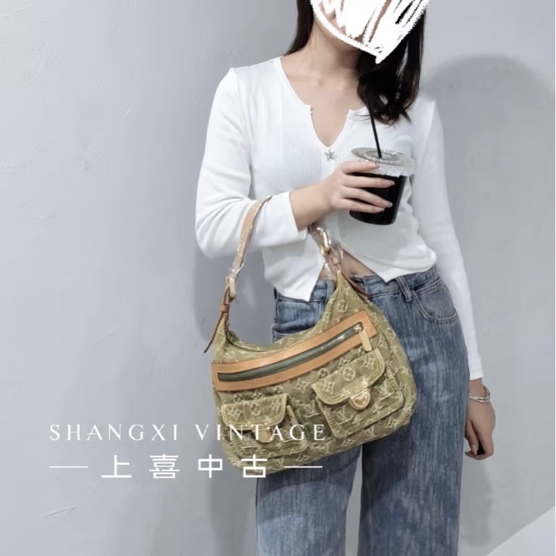 LV M95213 Baggy PM 稀有限量抹茶綠單寧牛仔曼哈頓釦肩背包-42