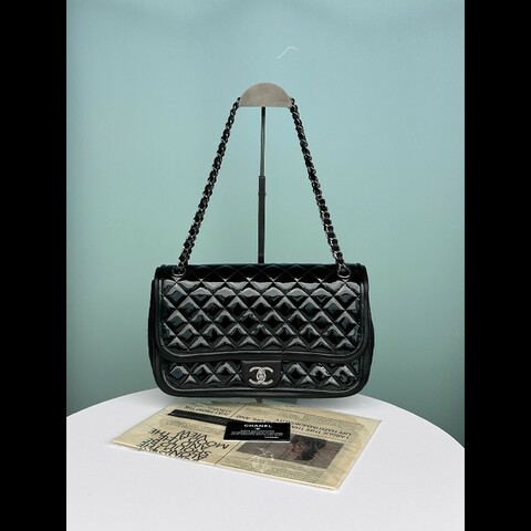 Chanel香奈兒黑色漆皮拼羊皮CF