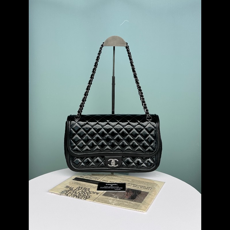 Chanel香奈兒黑色漆皮拼羊皮CF-0