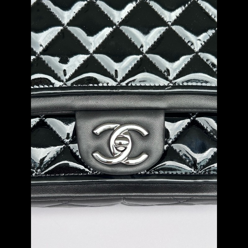 Chanel香奈兒黑色漆皮拼羊皮CF-5