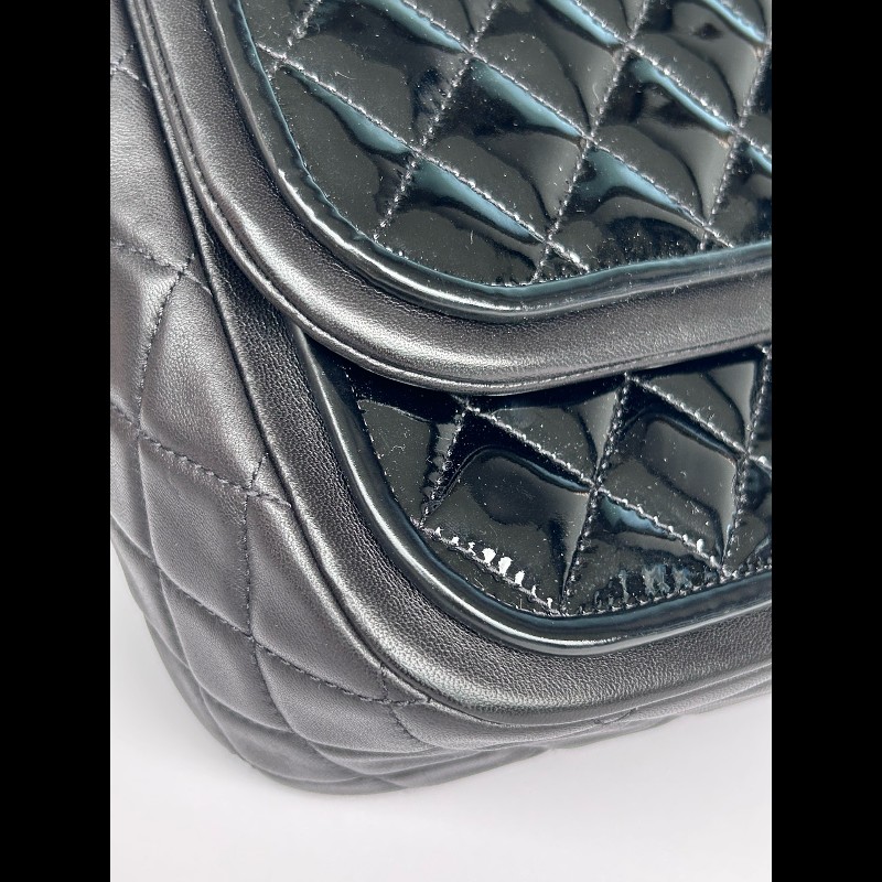 Chanel香奈兒黑色漆皮拼羊皮CF-6