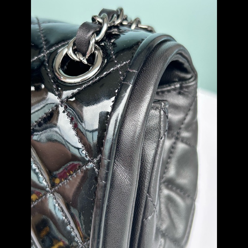 Chanel香奈兒黑色漆皮拼羊皮CF-12