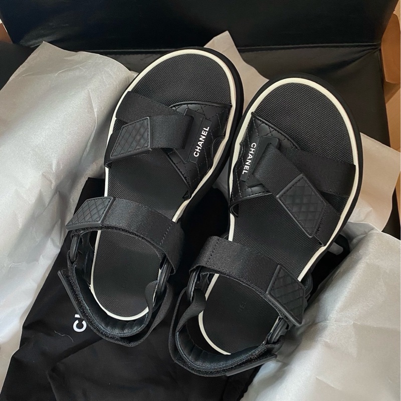 閒置新未使用 chanel香奈兒黑色魔術貼涼鞋沙灘鞋 38碼-2