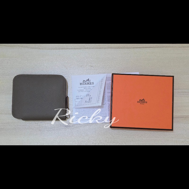 全新全配 Hermes 愛馬仕 大象灰 絲巾短夾-5