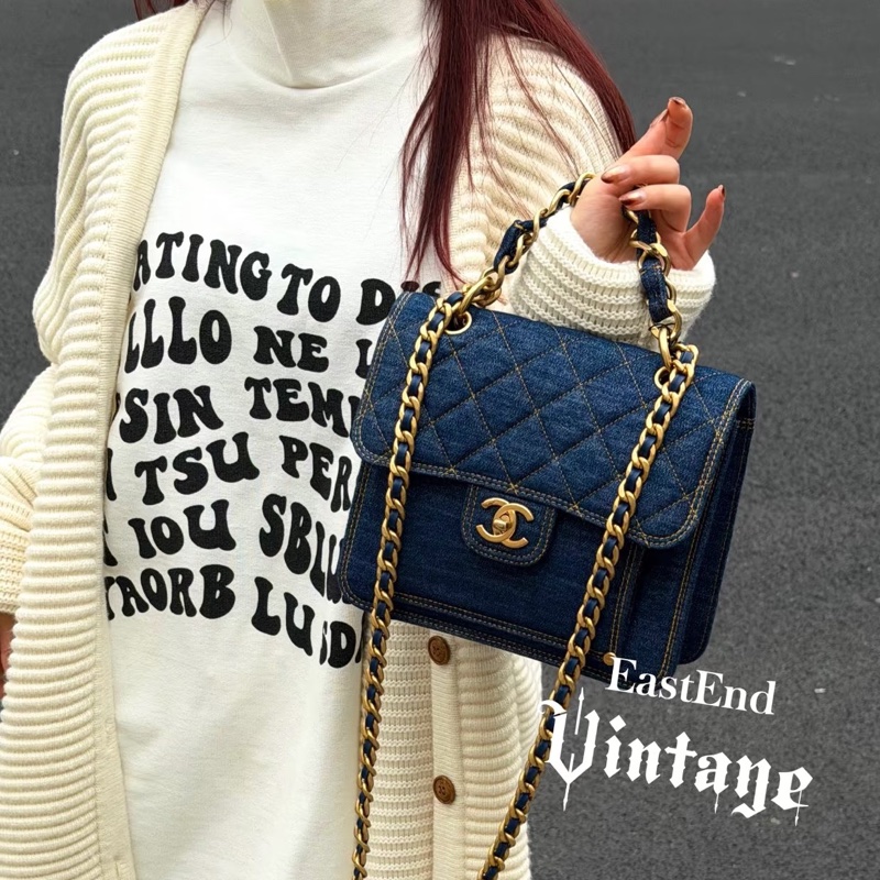 Chanel • 23s牛仔丹寧粗鏈條金釦郵差包 全新全配台灣購證✔️-1