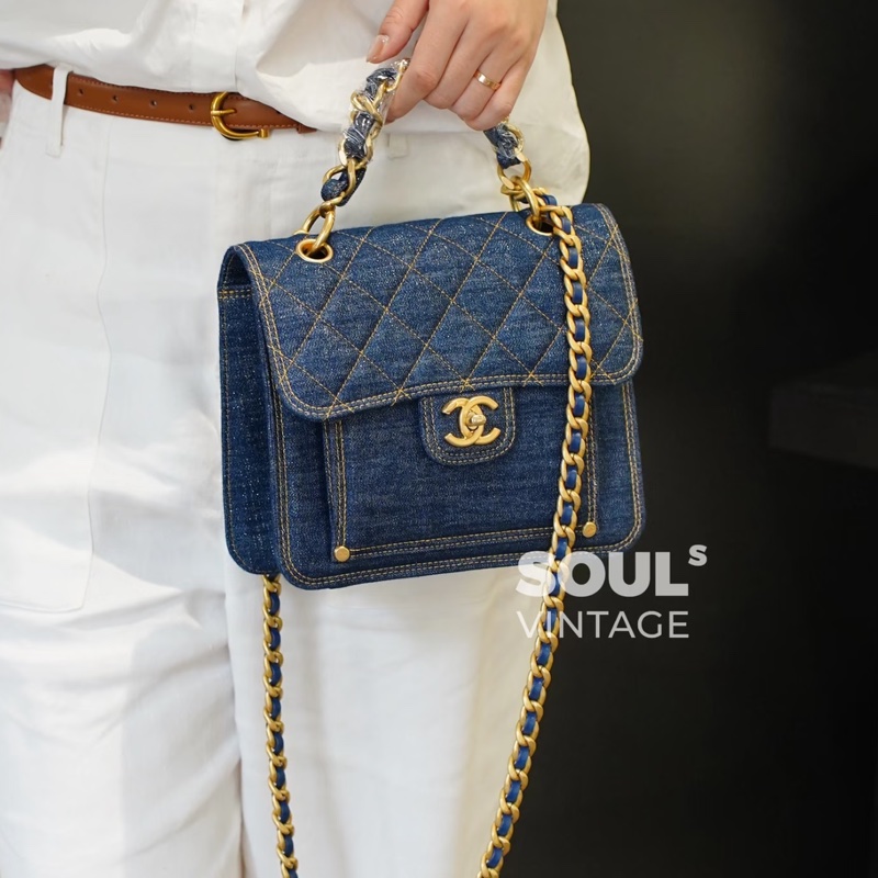 Chanel • 23s牛仔丹寧粗鏈條金釦郵差包 全新全配台灣購證✔️-2