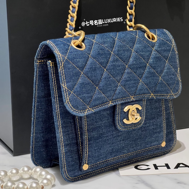 Chanel • 23s牛仔丹寧粗鏈條金釦郵差包 全新全配台灣購證✔️-6