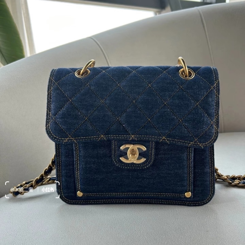 Chanel • 23s牛仔丹寧粗鏈條金釦郵差包 全新全配台灣購證✔️-7