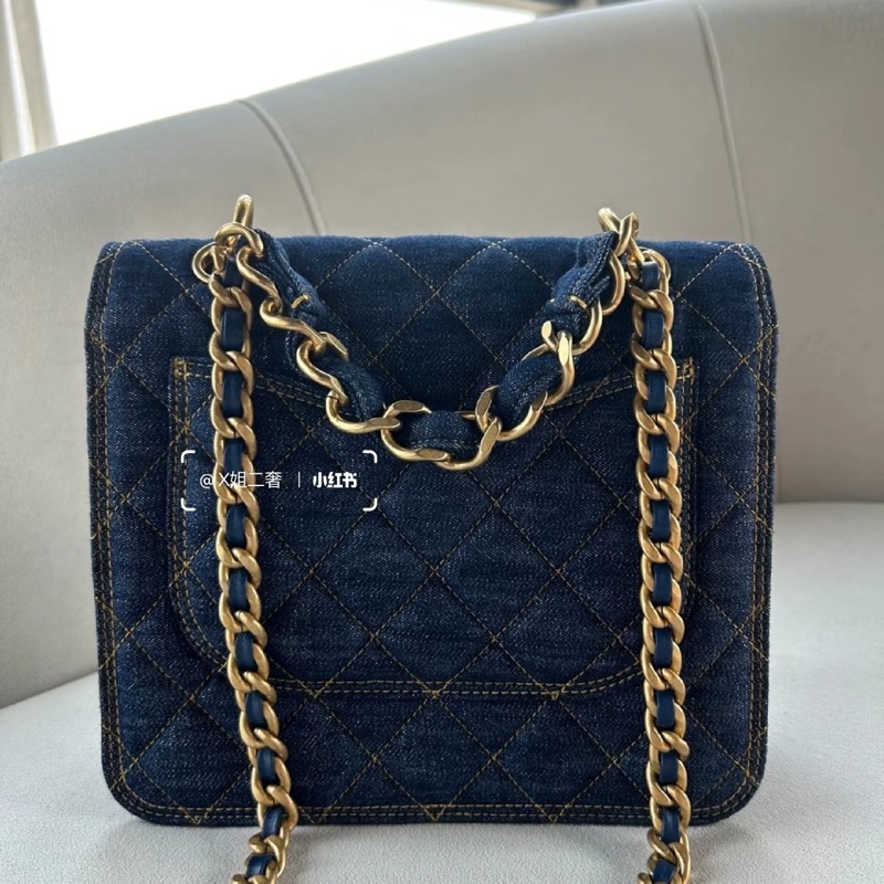 Chanel • 23s牛仔丹寧粗鏈條金釦郵差包 全新全配台灣購證✔️-8