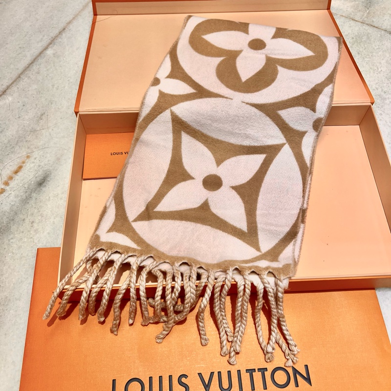 LV  圍巾路易威登「有購證」LOUISVUITTON粉色米黃色雙面圍巾-3