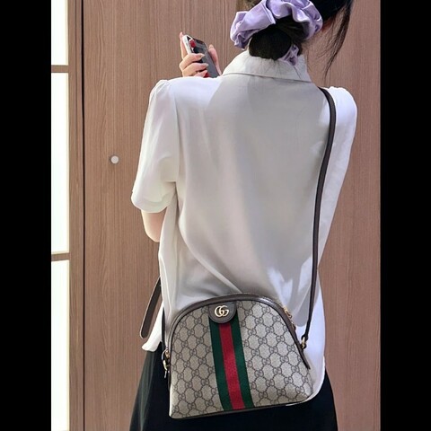 GUCCI 經典Ophidia GG Logo綠紅綠織帶 肩背包 貝殼包
