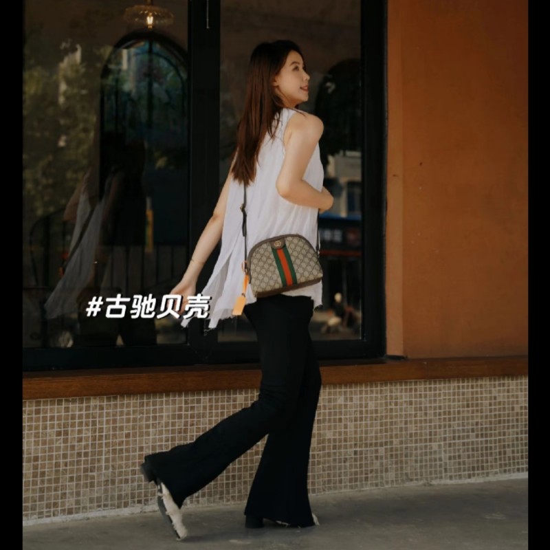 GUCCI 經典Ophidia GG Logo綠紅綠織帶 肩背包 貝殼包-1