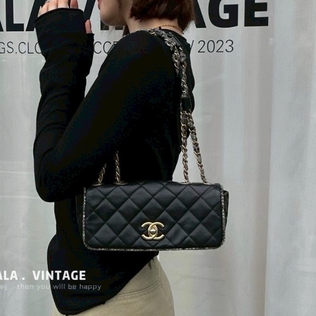 超限量稀有款😍✨Chanel香奈兒黑金牛皮金幣毛呢鏈條滾邊法棍包腋下包單肩斜挎包-2