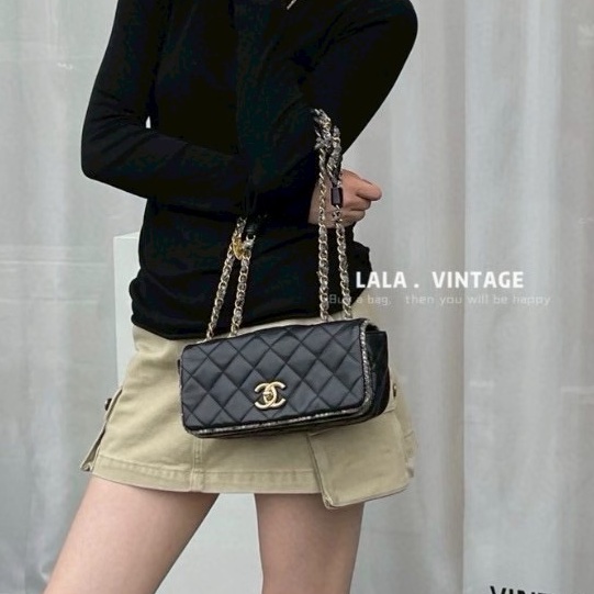 超限量稀有款😍✨Chanel香奈兒黑金牛皮金幣毛呢鏈條滾邊法棍包腋下包單肩斜挎包-4