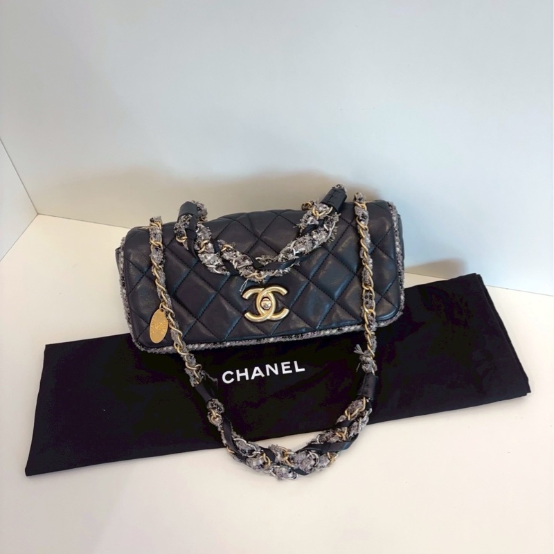 超限量稀有款😍✨Chanel香奈兒黑金牛皮金幣毛呢鏈條滾邊法棍包腋下包單肩斜挎包-5