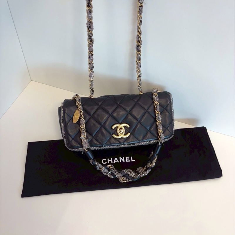超限量稀有款😍✨Chanel香奈兒黑金牛皮金幣毛呢鏈條滾邊法棍包腋下包單肩斜挎包-10