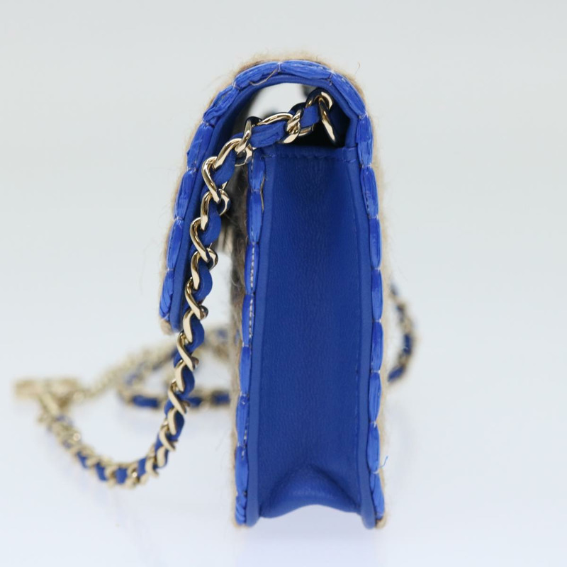 【日本直送】香奈兒鏈單背包 拉菲草編織 藍色 米色 CC 標誌 正品 51139SV-2