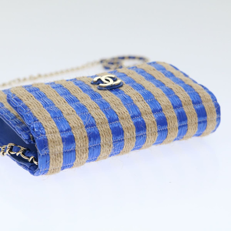 【日本直送】香奈兒鏈單背包 拉菲草編織 藍色 米色 CC 標誌 正品 51139SV-5