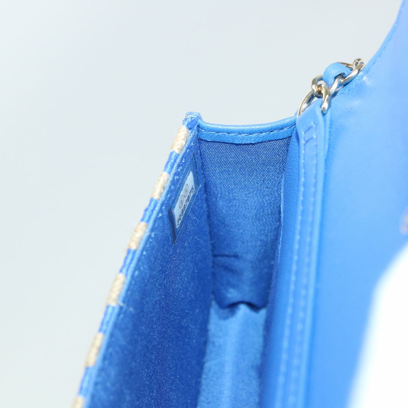 【日本直送】香奈兒鏈單背包 拉菲草編織 藍色 米色 CC 標誌 正品 51139SV-19